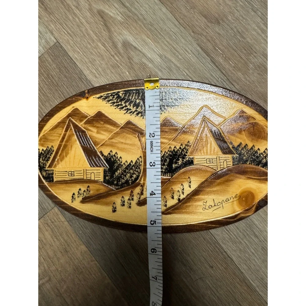 Vintage Zakopane Polish Folk Art Wood Burned Alpine Mountain Wall Plaque Oval
